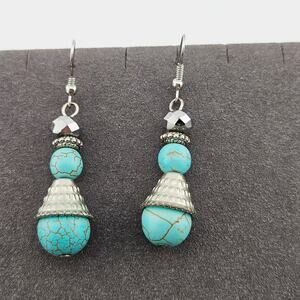 Silver Tone Dangle Drop Earrings Turquoise Blue Style Beads Southwestern Coastal